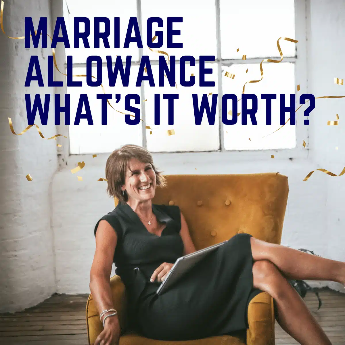 Sarah at IN Accountancy sitting on a chair discussing marriage allowance